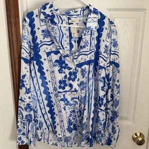 Joie Blue and White Linen Floral Button-Up Shirt